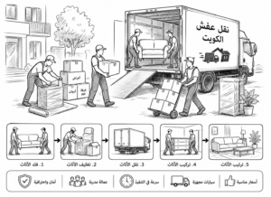 رسم تخطيطي يوضح مراحل نقل عفش الكويت بواسطة عمال وسيارة نقل مجهزة.